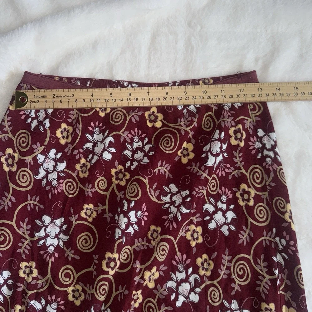 VTG Y2K Loco Lindo  Floral Midi Skirt Maroon Crepe A-Line Low Rise Flowy - Picture 6 of 7